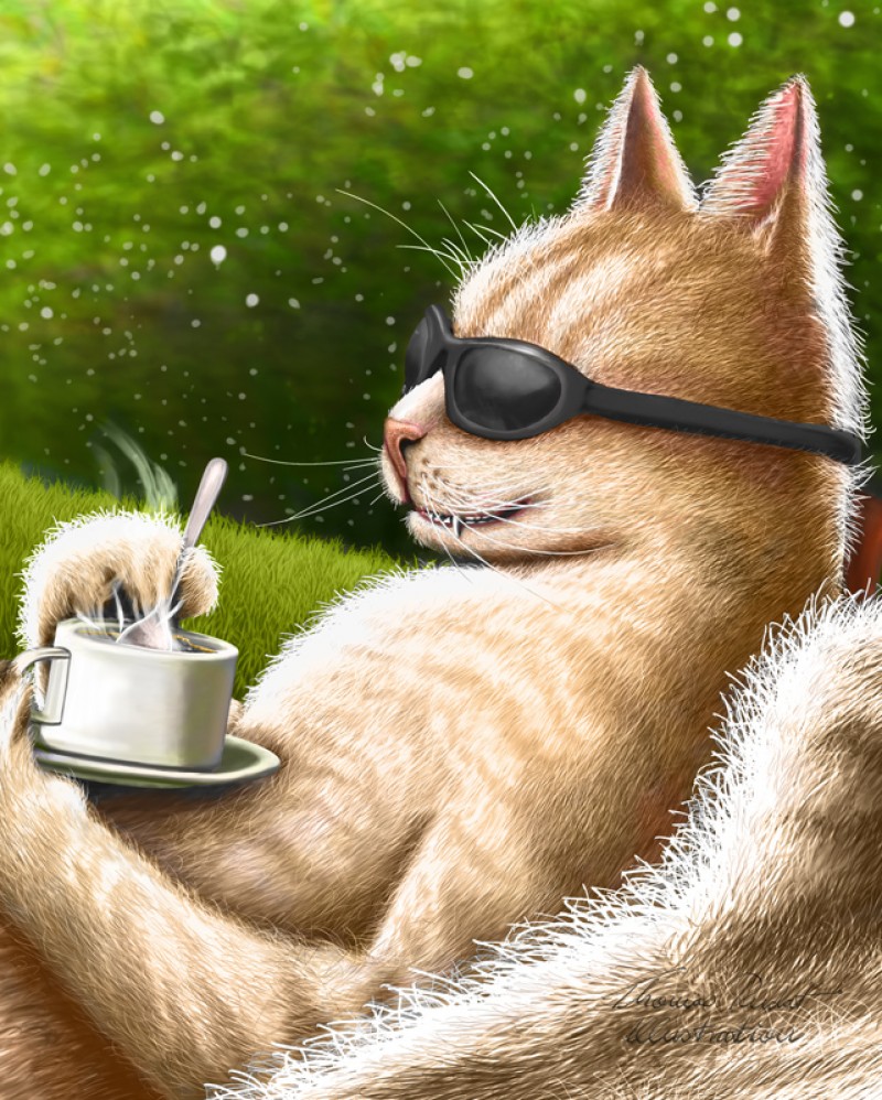 katze mit sonnenbrille und kaffeebecher, sonnenschein, entspannen, digital painting